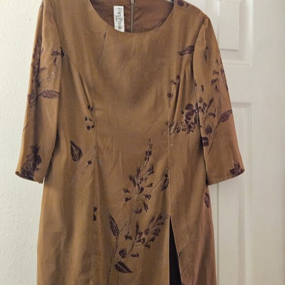 Pari passu Mustard brown fall midi Floral sheer sleeve Embroider Boho dress L - Picture 10 of 12